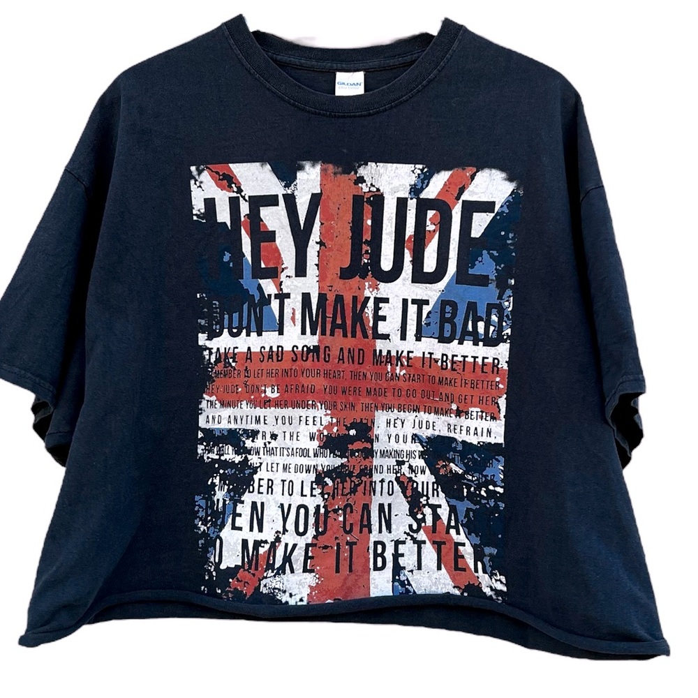 VTG Oversized Cropped 2X Black Union Jack British Flag Beatles Hey Jude Tee EC